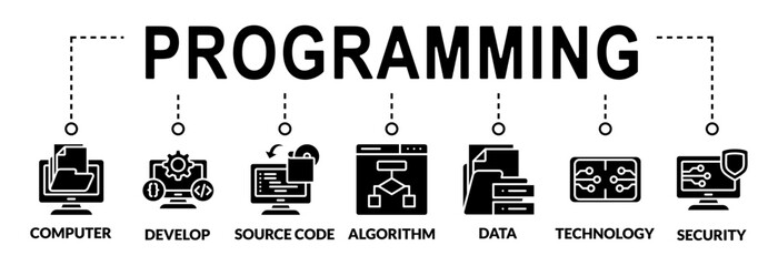 programming and coding background vector illustration with icons and keywords