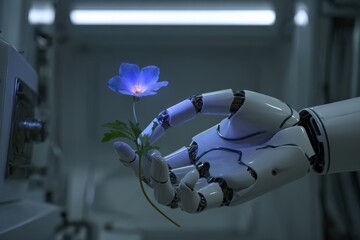 Futuristic Robot Hand Gently Holding a Glowing Blue Flower in Laboratory.
