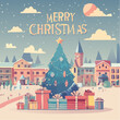 © sportmigawka - Wektorowa kartka „Merry Christmas” w stylu retro vintage, ręcznie rysowane elementy, pastelowe kolory, choinka, prezenty i śnieg, typografia retro, klimatyczna ilustracja.