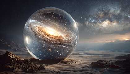 Wall Mural - Swirling galaxy contained within glass sphere rests n alien terrain. Vast cosms, stars, nebulae, stardus visible inside. Outer spae exploration, celestial bdies, cosmic discovery thees