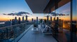 © gugus - Urban serenity at twilight a high rise balcony view of city lights and sunset reflecting on skyscrapers offering a peaceful outdoor living experience with modern furniture