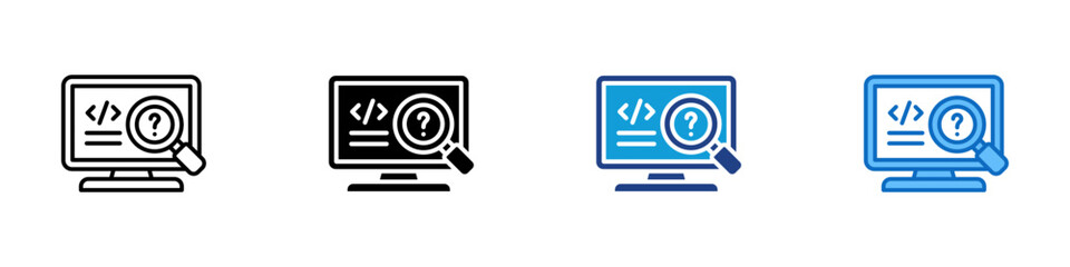 Programming Help Multiple Style Icon Vector Design - computer with code and magnifying glass, symbolizing coding support or programming troubleshooting assistance
