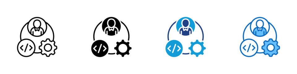 team coding multiple style icon vector design - person with gears and code symbol, symbolizing colla