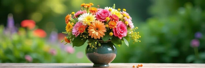 Wall Mural - Beautiful vase filled with colorful flowers in a garden setting, bloom, flowers, vase