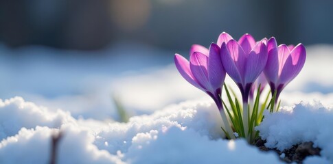 Wall Mural - Delicate purple crocus blossoms emerge from melting snow , ground, winter