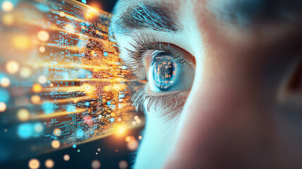 Digital eye close up with glowing data code reflection, futuristic technology concept showing human interaction with virtual information and cyber interface in vibrant blue and orange tones