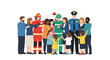 © PojokMillennials - A diverse group of people, including a firefighter, construction worker, and police officer, stand together in a show of community support and unity.