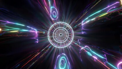 Sticker - high quality vertical 4k vj tunnel animation featuring glowing neon threads swirling around circular rings designed for dj performances music video editing concert visuals modern looping