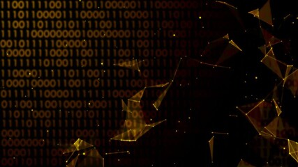 Yellow digital technology background with binary numbers and connecting network dots, lines animation for tech related projects 