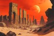 far future desert ruins of lost civilization under red sky