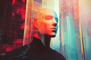 far future humanoid avatar in a digital world with surreal architecture