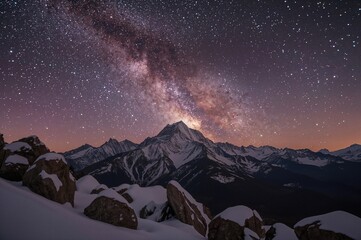 Wall Mural - Starry night sky over snow-covered mountain peaks. Stunning cosmic view with frosty rocks and celestial Milky Way.
