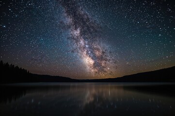 Wall Mural - milky way galaxy over a serene mountain lake at night
