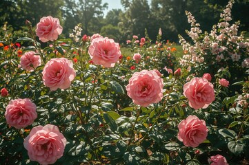 Wall Mural - Background of a garden filled with large pink roses, showcasing floral texture and summer vibes
