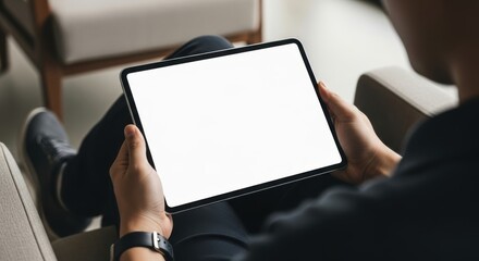 Man using digital tablet with blank screen while sitting on chair at home for online communication
