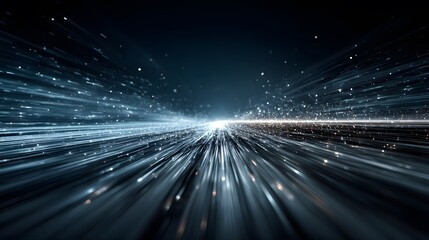 Abstract, futuristic photograph representing high-speed data transfer. Glowing blue lines of light and particles stream forward on a dark digital highway.