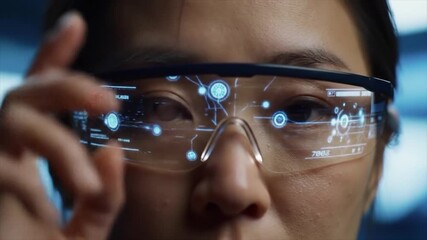 Businesswoman with AR glasses designing a holographic AI agent interface. Technology, future, innovation concept.