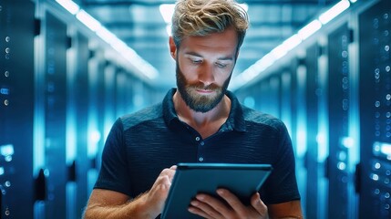 A technician uses a tablet in a server room to monitor network data and analyze the system's performance.