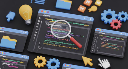 Close-up of computer code on screen, magnified with lens, surrounded by colorful 3D icons: gears, cursor, folder, lightbulb Symbolizes software development, programming, coding, and problem-solving