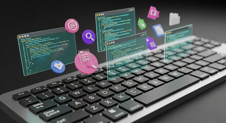 keyboard with holographic code snippets and app icons floating above, showcasing software developmen