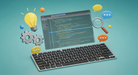 Keyboard with code on screen, surrounded by lightbulb, gears, and speech bubbles, illustrating software development, innovation, and communication
