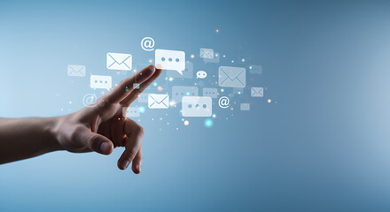 A hand interacting with a digital overlay of communication icons, suggesting a concept of digital communication or interaction.