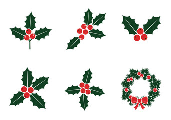 Holly images show five sprigs with green leaves and red berries and a wreath with a red bow on a white background
