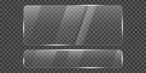 Set of two glass plates, one large rounded rectangular and the other long and thin, both transparent with shiny surfaces and glowing edges