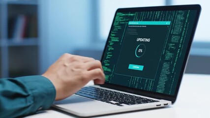 Close Up of Person Using Laptop with Data Code on Screen in Office