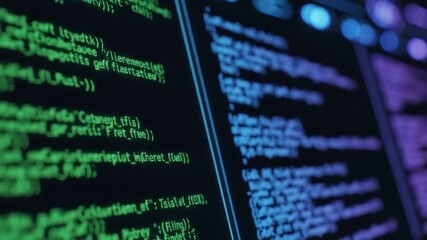 Green and Purple Code Lines on a Dark Computer Screen Displaying Data Information