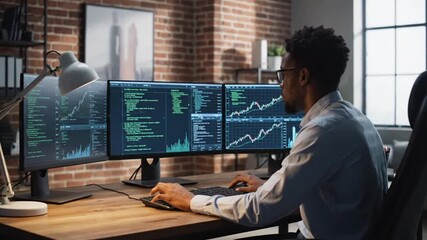 Young African American Man Analyzing Data on Multiple Monitors at Wooden Desk Indoors