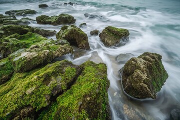Wall Mural - a detailed close-up of algae-coated stones along the water's edge, taken with extended shutter speed