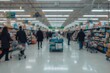 © vxnaghiyev - Blurred abstract scene of a busy retail checkout area with shoppers and carts. Theme of consumer activity, shopping habits, and hectic everyday life.