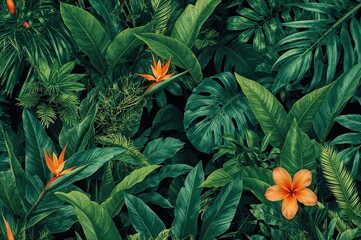 Canvas Print - in the midst of a tropical forest, an array of plants with vivid green leaves formed dense greenery,