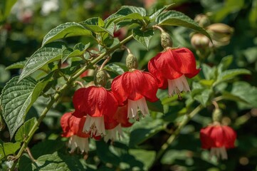 Canvas Print - red lantern-shaped abutilon pictum blossoms glowing beautifully in a garden during the afternoon
