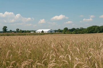 Wall Mural - A cluster of high brown grass stands before a white structure in the distance.