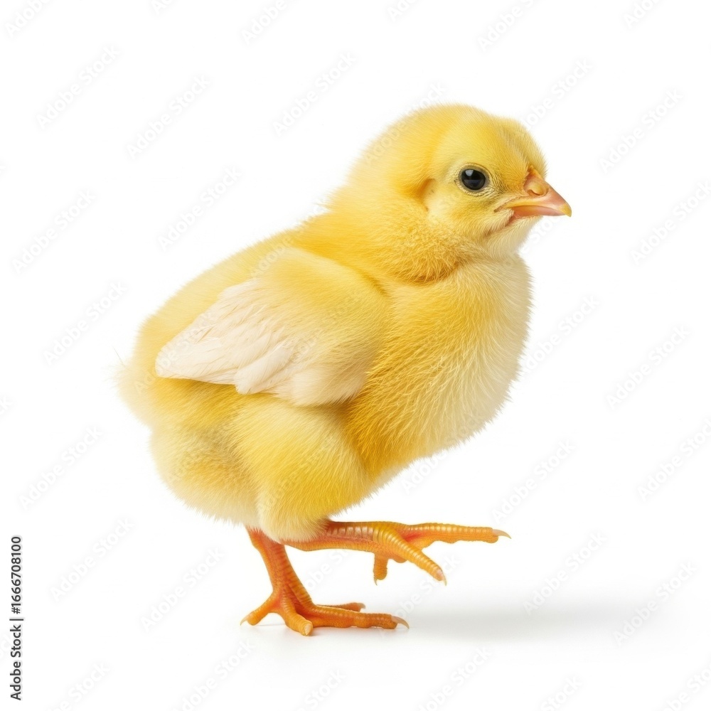 A fluffy yellow chick standing on a white background isolated on white background