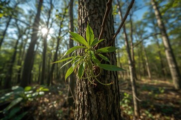 Canvas Print - a parasitic wild plant clinging to a host in a natural setting with sky and trees