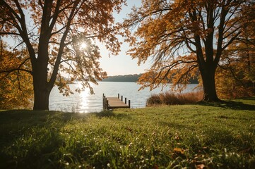 Wall Mural - Autumn Afternoon Scene with Water, Sky, and Trees