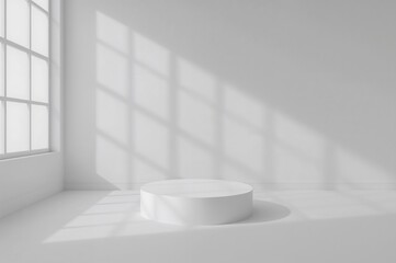 Wall Mural - Minimalist white 3D studio setting for showcasing cosmetic items. Blank grey space featuring window shadows. Highlight product with a soft, out-of-focus background.