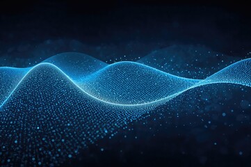 Futuristic abstract background featuring flowing waves of particles and dots with a blue digital light effect, representing technology and corporate themes.