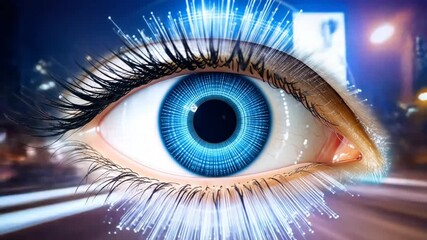 Futuristic city vision captured in human eye, technology and urban landscape merging