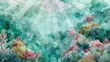 Energetic seafoam green art featuring a dynamic coral reef with subtle fade - watercolor Fading background