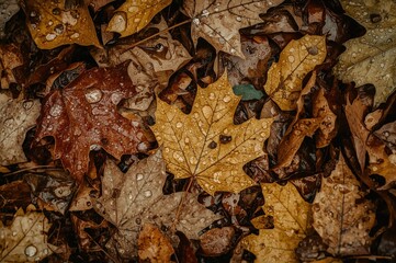 Wall Mural - Raindrop-covered autumn leaves scattered on the ground up close