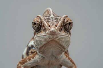 Wall Mural - detailed front view of a chameleon against a gray background