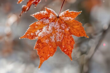 Wall Mural - detailed view of a leaf resting on fresh snow under vivid sunlight in a fall park.
