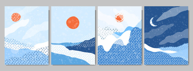 Wall Mural - vector hand drawn illustration. winter cold snowy season. abstract flat minimalist design landscape 