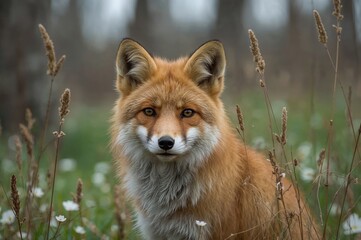 Wall Mural - detailed view of a red fox (vulpes vulpes) amidst forest trees