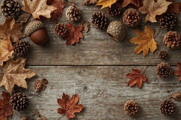 Wall Mural - Vintage autumn decoration with acorns, pine cones, and dried foliage on a blank background
