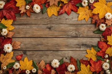 Wall Mural - Vibrant autumn foliage and blossoms arranged on a rustic wooden surface. Seasonal theme, overhead perspective, empty area for text